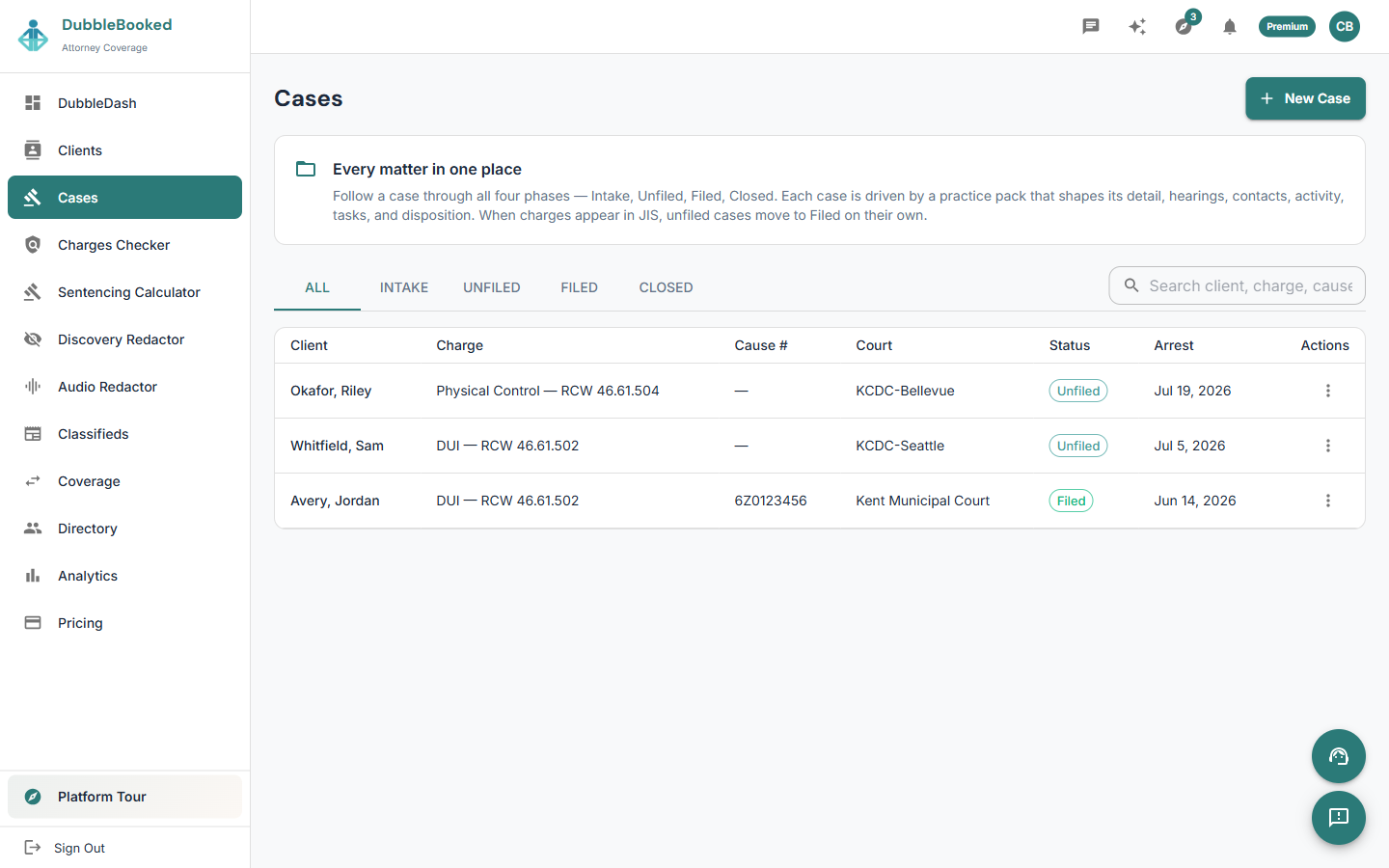 DubbleBooked Cases — every matter, phase, and court date in one view