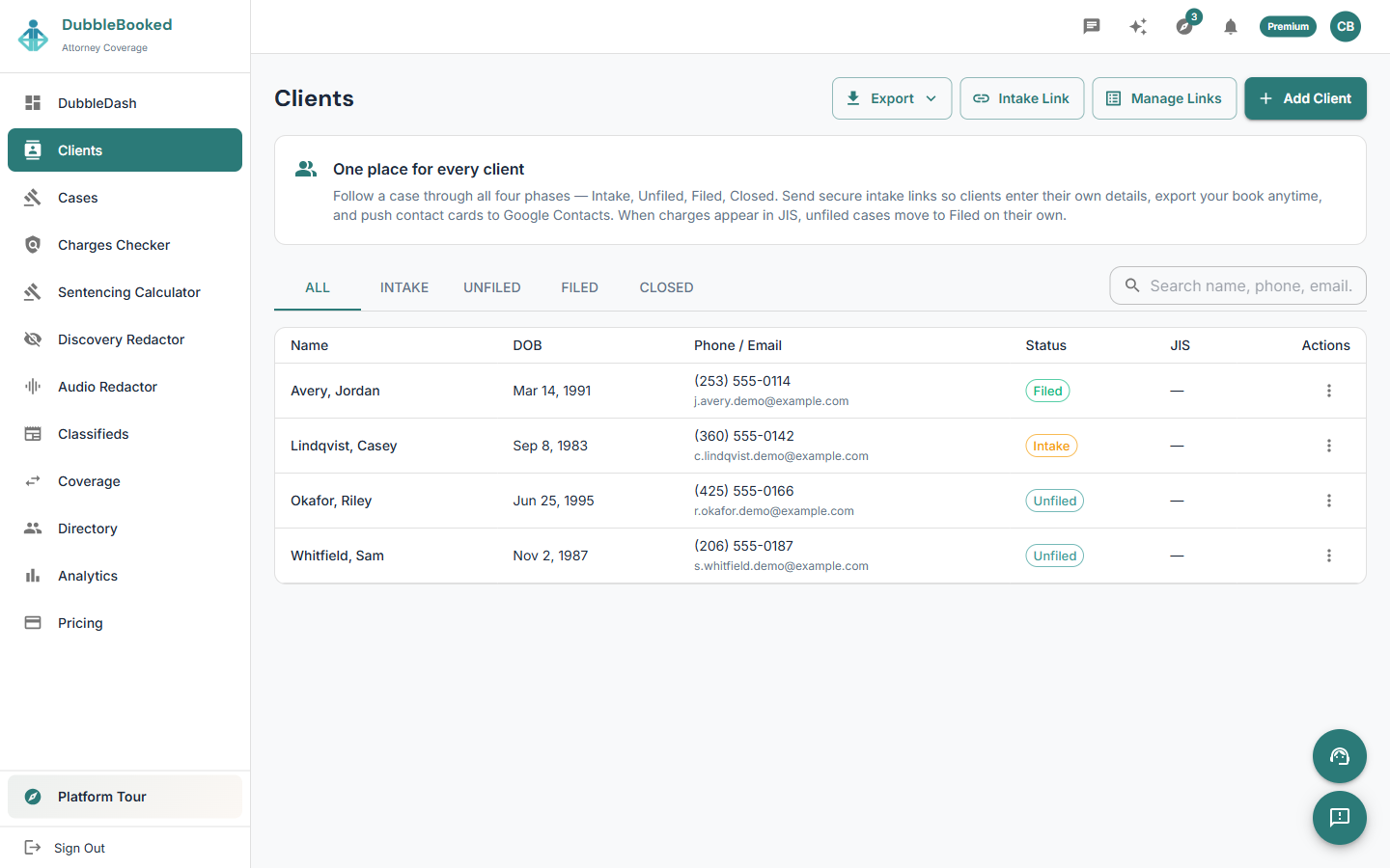 The Clients page — intake links, export, lifecycle phases